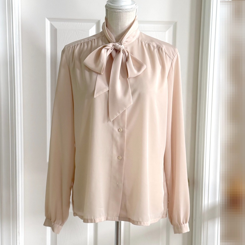 Vintage Pendleton Country Sophisticates Beige Chevron Tie Neck Blouse Size 14